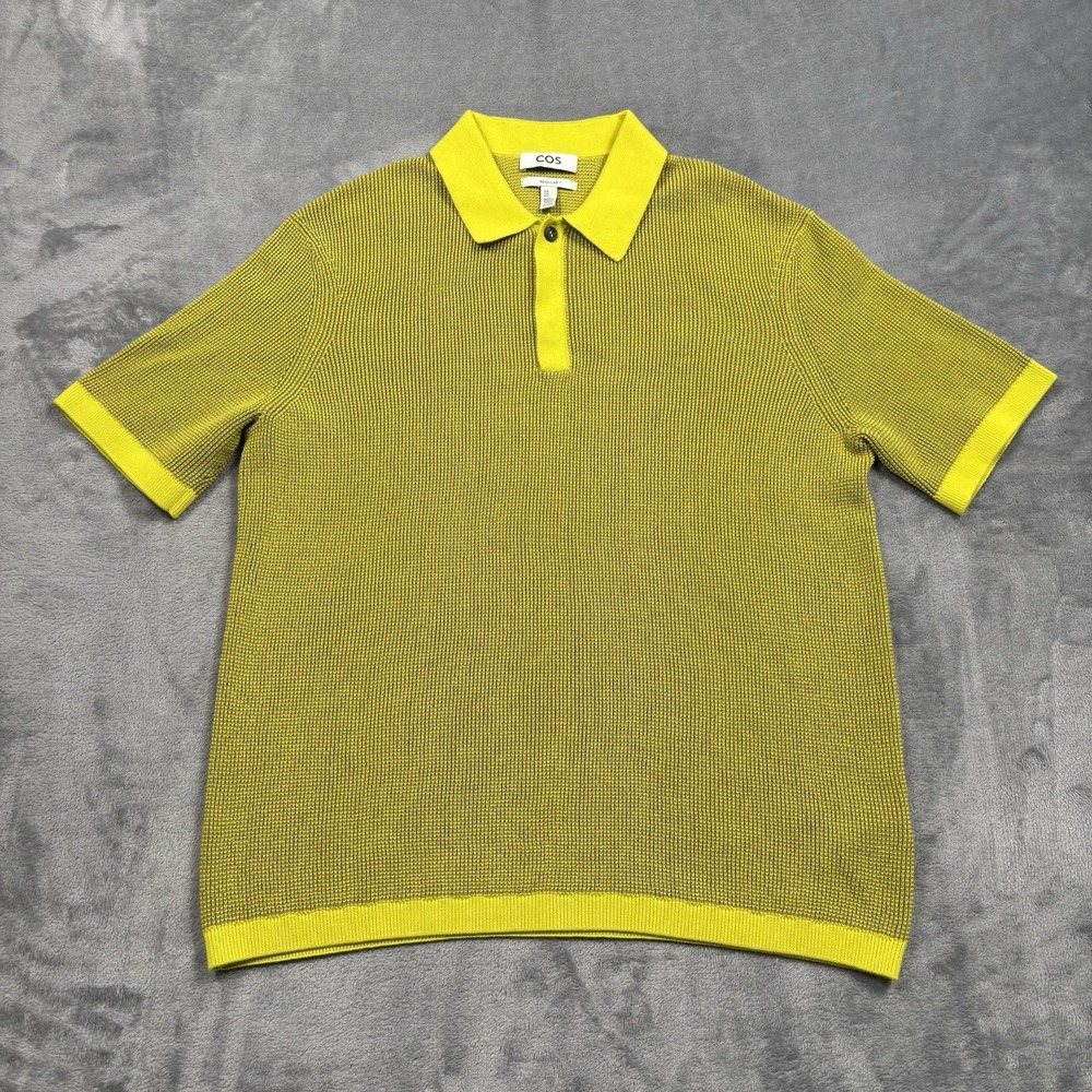 COS Men's Bright Lime Green Organic Cotton Polo Sweater Waffle Knit Top M